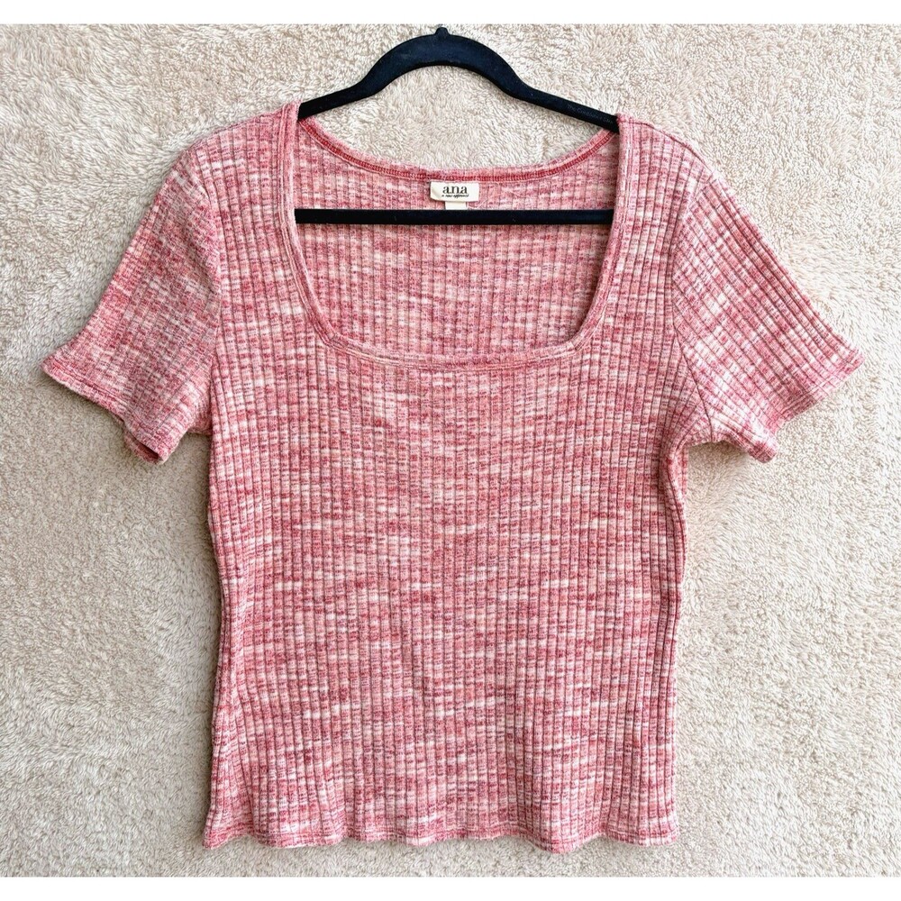 a.n.a. Short Sleeve Knit Top Womens Sz XL Pink Square Neck Stretch Cotton Poly